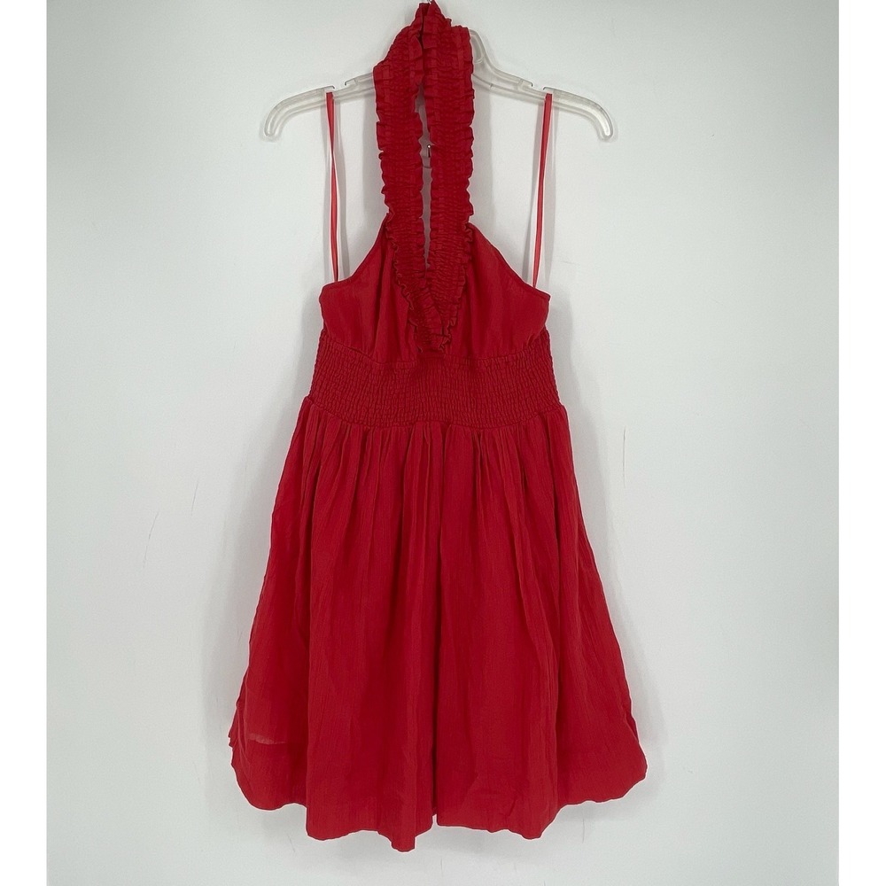 BCBGeneration NWT Women's Red Smocked Neck Cotton Backless Halter Dress Size L